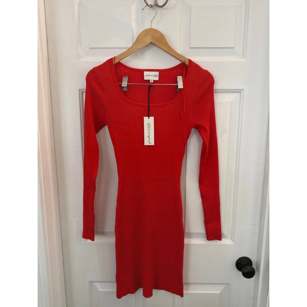 Freshman 1996 Womens Ribbed Knit Square Neck Long Sleeve Bodycon Mini Dress S